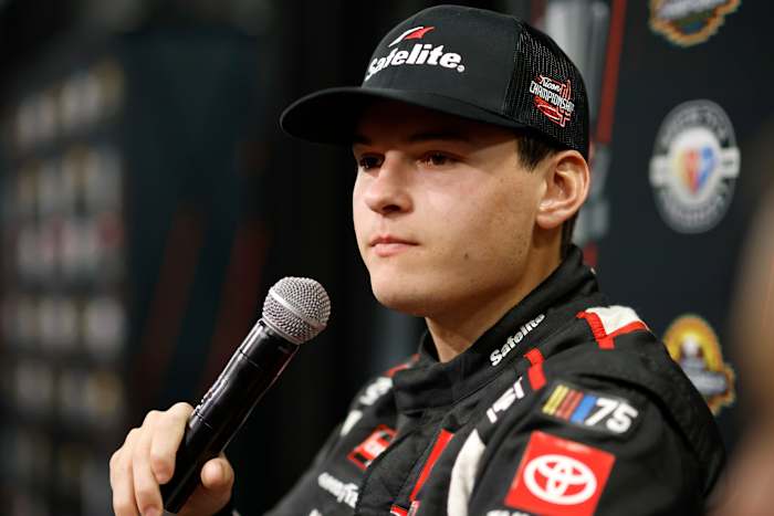Corey Heim speaks to the media during Thursday's NASCAR Championship Media Day at Phoenix Raceway. (Photo by Sean Gardner/Getty Images)